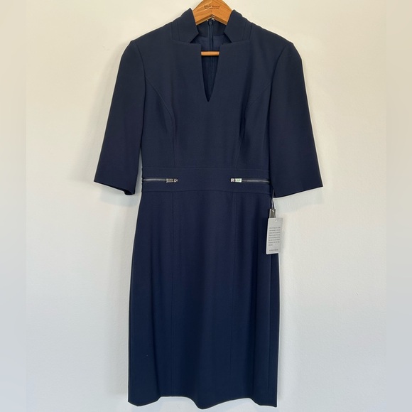 Tahari ASL Dresses & Skirts - NWT! Tahari Adam S. Levine Navy V-Nevk Notch Midi Dress! Elbow Sleeves! Size 2!